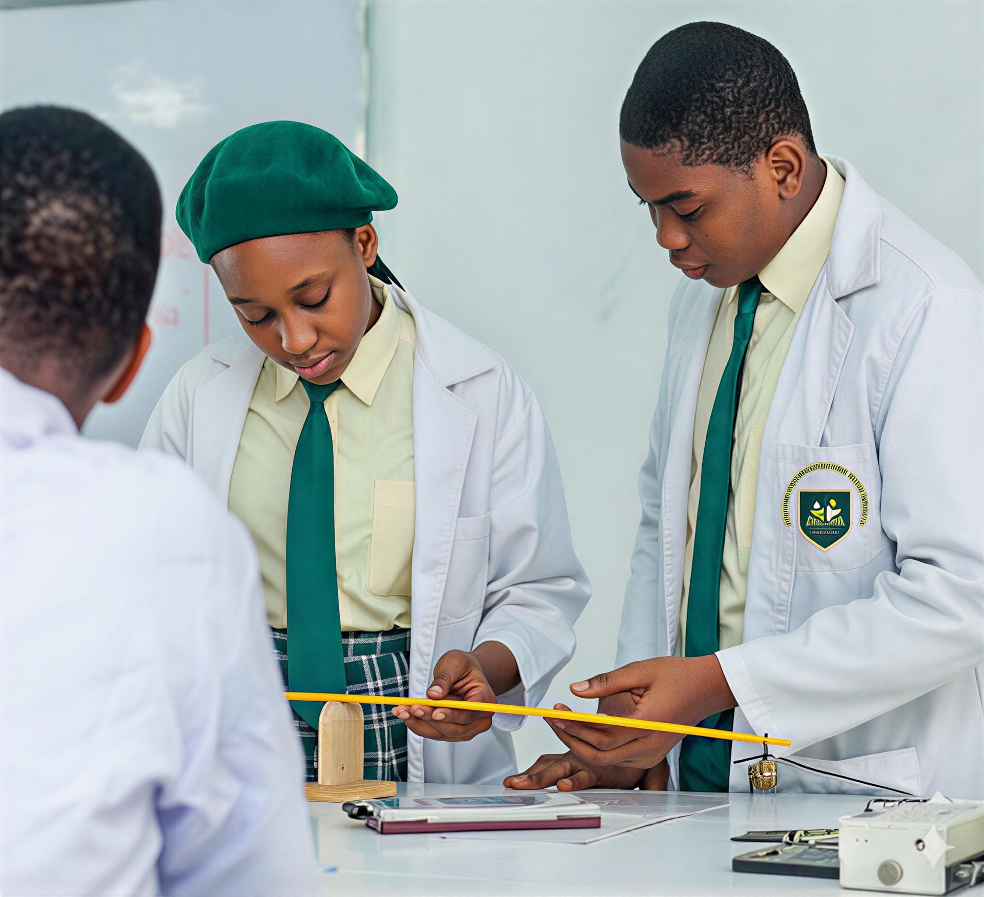 Students conducting hands-on lab experiments in lab coats