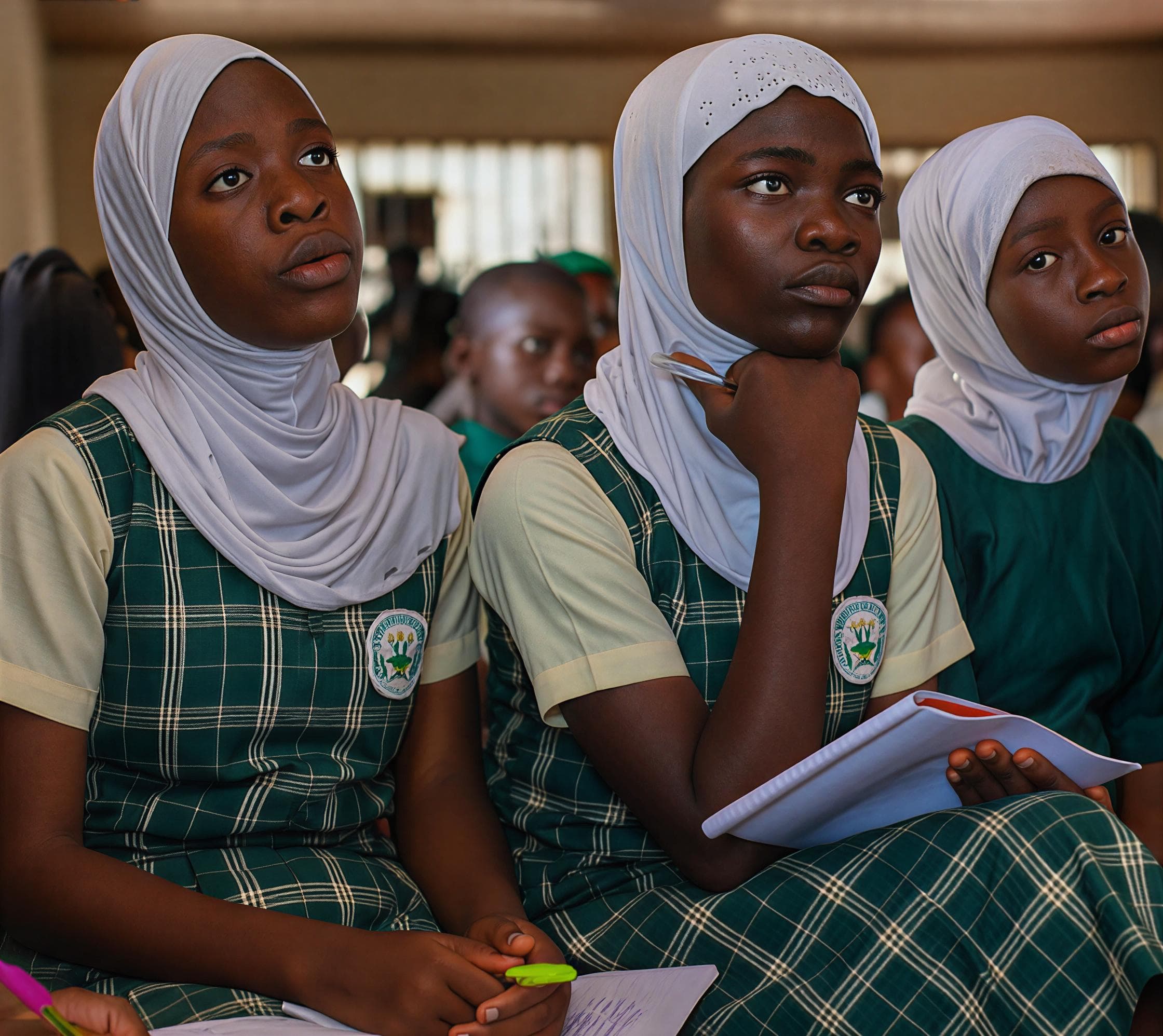 Students in hijabs attentively engaged in class